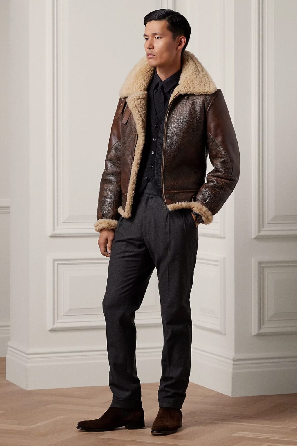 Leather-Trim Shearling Flight Jacket